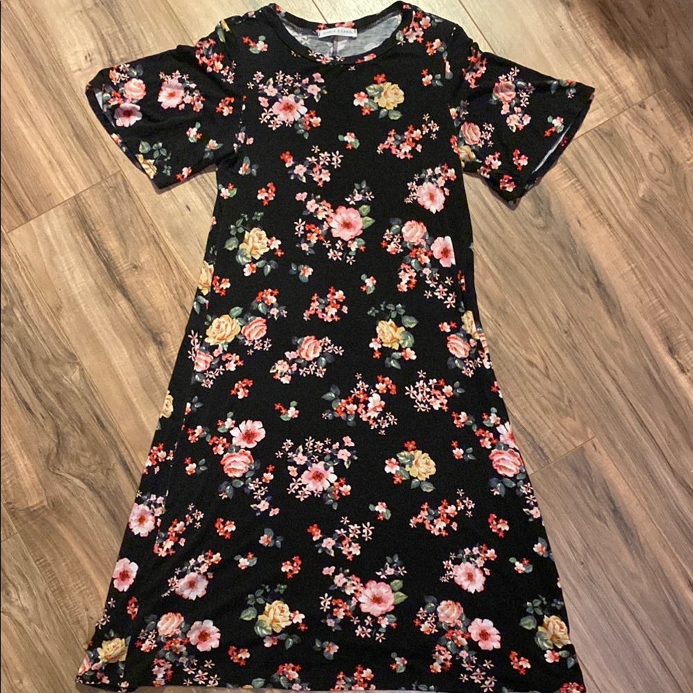 Floral Dress - Black with Pink and Yellow Flowers